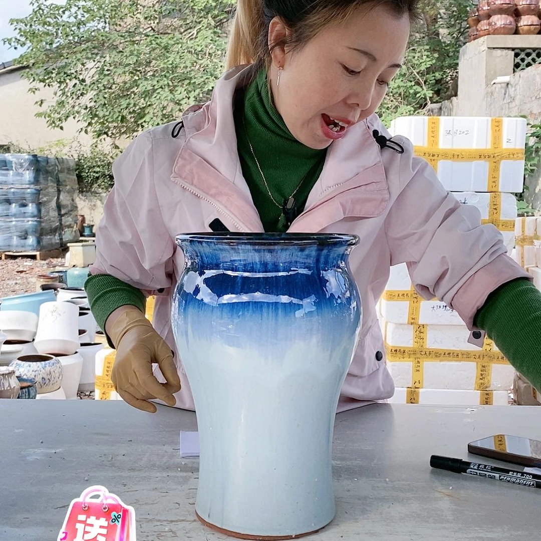 红陶向蓝鱼尾一个王嫂花盆1105-39