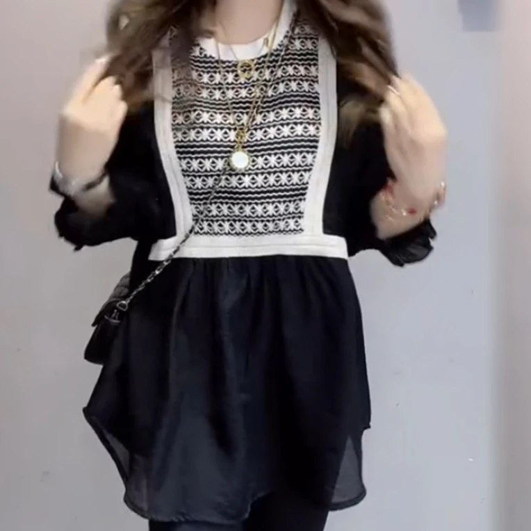 2减龄遮肉撞色气质显瘦洋气网红时尚休闲宽松假两件韩版拼接衬衫