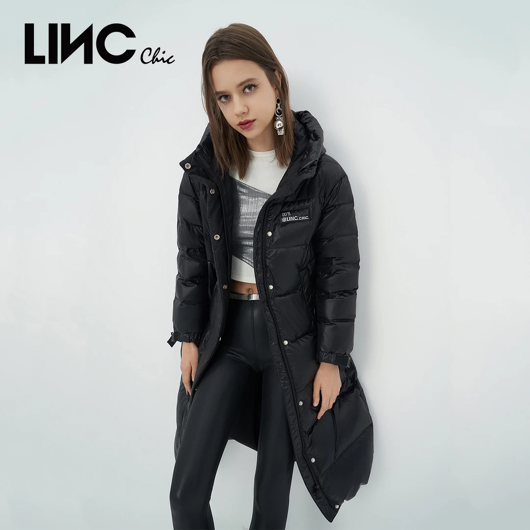 LINCCHIC/金羽杰加长围裹感连帽纯色长款羽绒服女秋冬Y22808115