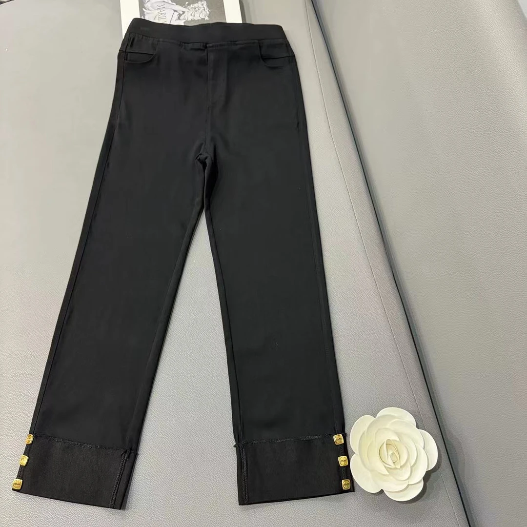 【351】黑色大码烟管裤女2024新款松紧高腰修身直筒裤卷边设计裤