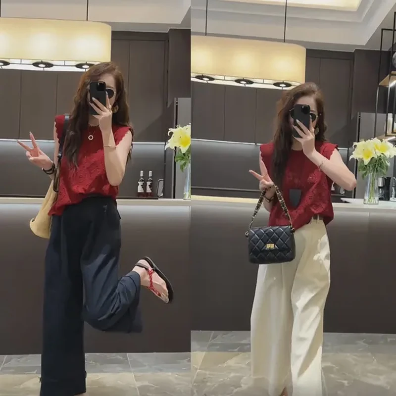 衬衫无袖套装夏季新款镂空蕾丝花边上衣显瘦直筒阔腿裤纯色休闲裤