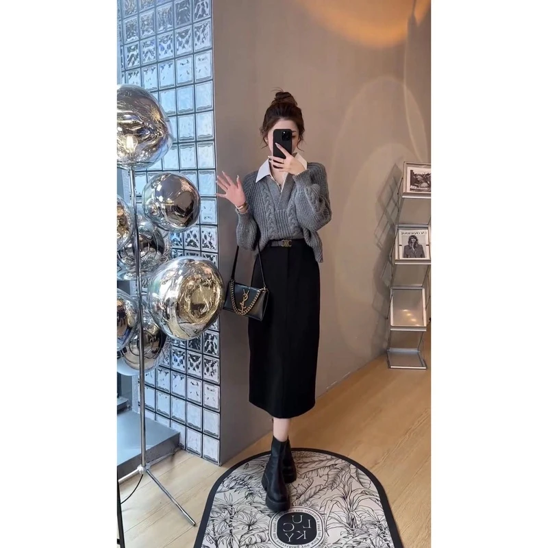 百搭洋气时尚假两件套头长袖毛衣+呢子半身裙套装