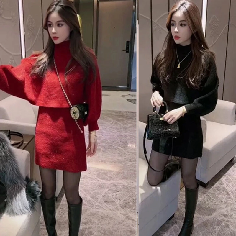 冬法式高领披肩灯笼袖毛衣+小个子针织连衣裙两件套女