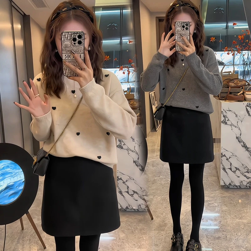 秋冬新款时尚简约大气高智感毛衣上衣内搭外穿a字短裙套装两件套