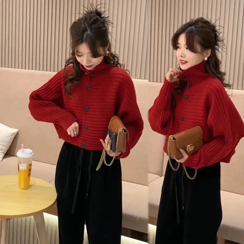 韩版针织开衫外套圆领短款斗篷小外套毛衣高腰阔腿裤