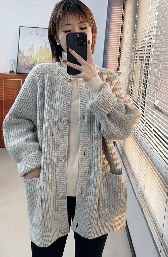 SPRINGMAL/春缦圆领插肩袖纯色秋冬宽松慵懒风百搭开衫外套