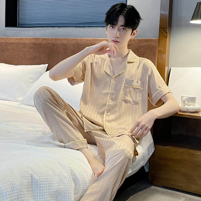 睡衣男士冰丝薄款2024新款短袖长裤家居服两件套开衫夏季夏天春秋