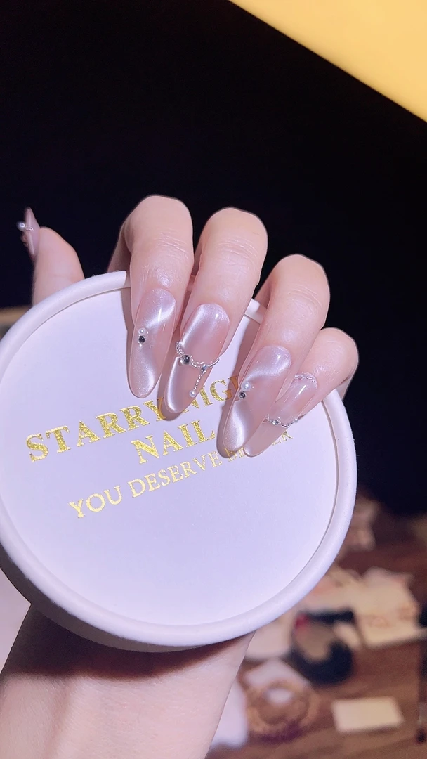 [丝带猫眼]穿戴甲手工裸色气质款金色魔镜法式手绘款美甲片批发