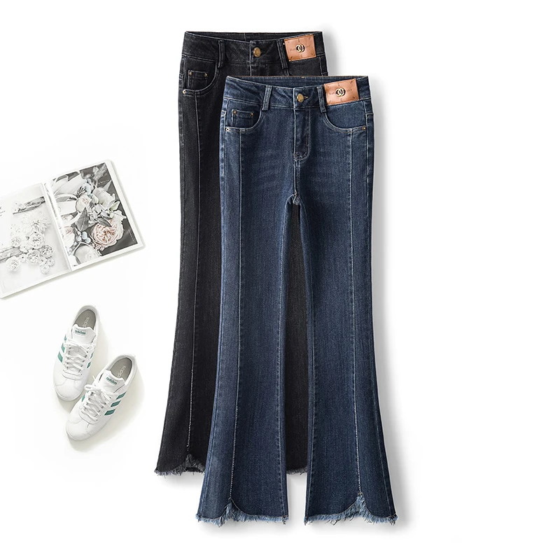 加绒加厚微喇叭牛仔裤女秋冬2023新款高腰弹力修身显瘦毛边马蹄裤