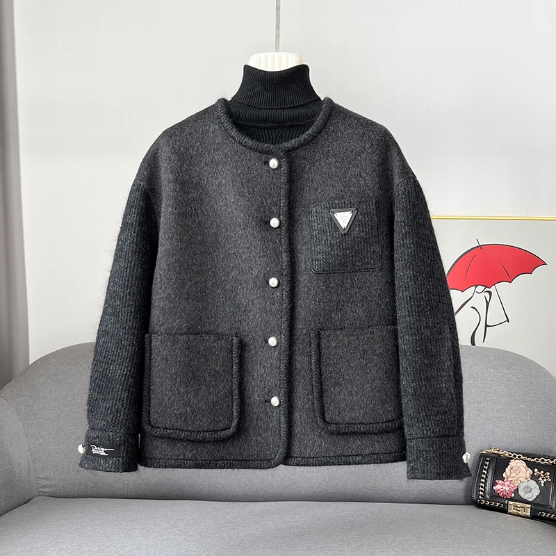 2024年秋冬新款短款时尚休闲双面呢大衣女气质百搭拼接外套小香风