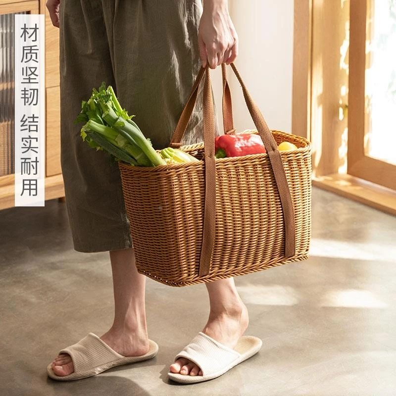 买菜篮仿藤藤编户外野餐郊游篮子水果蔬菜收纳手提框编织篮PP材质