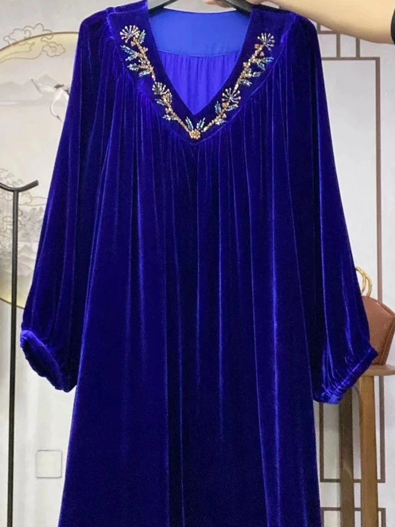 时尚百搭洋气轻奢气质女装桑蚕丝宽松长袖连衣裙大码妈妈装女士