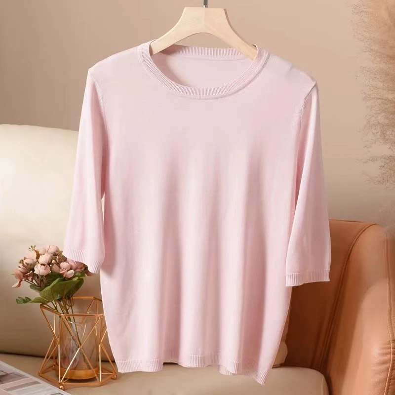 夏季海风  80支3超细100桑蚕丝圆领中袖 女