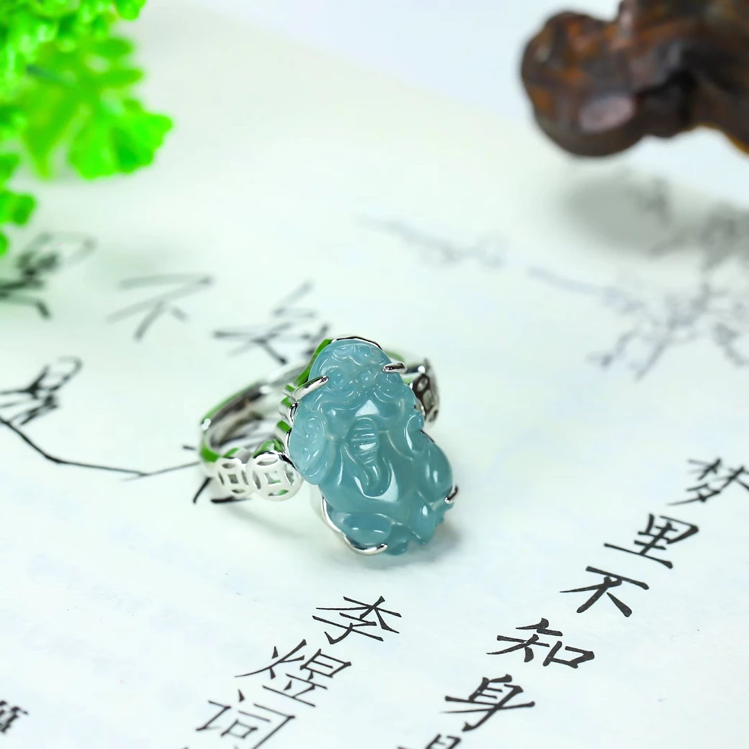 天然翡翠A货蓝水貔貅戒指冰透玉石指环时尚精精美致活口可调节