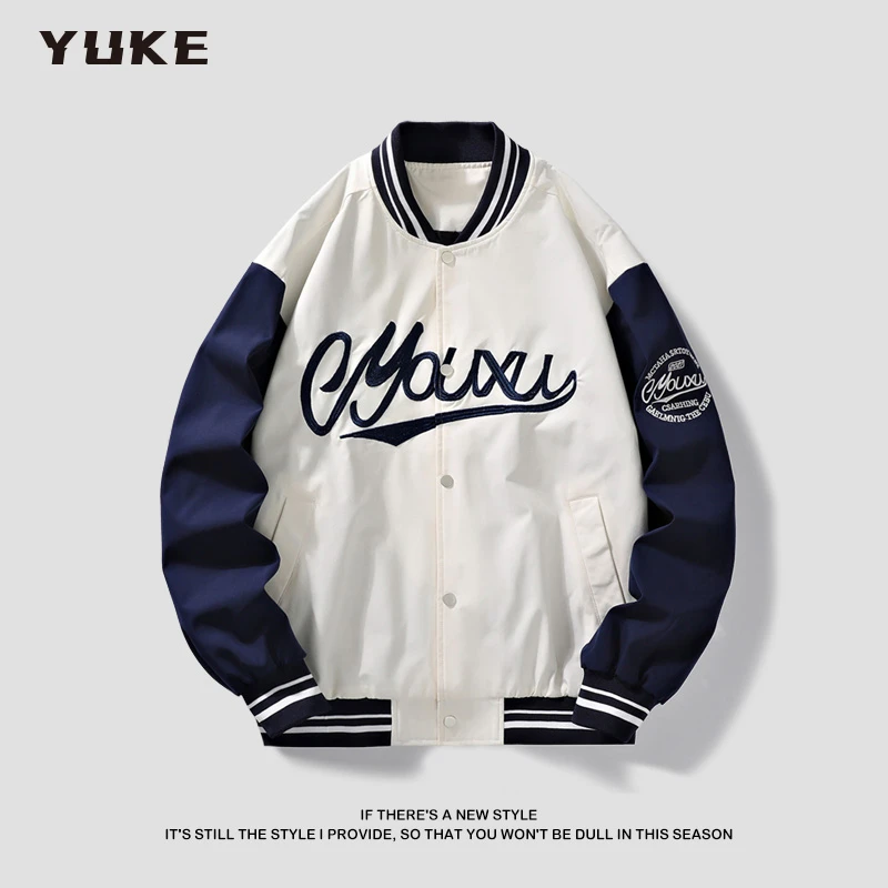 【YUKE】刺绣撞色休闲夹克外套男女潮流秋季宽松百搭棒球服32202