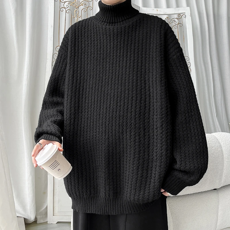宽松大码毛衣男款冬季高领保暖高质量潮流慵懒感纯色美式针织衫