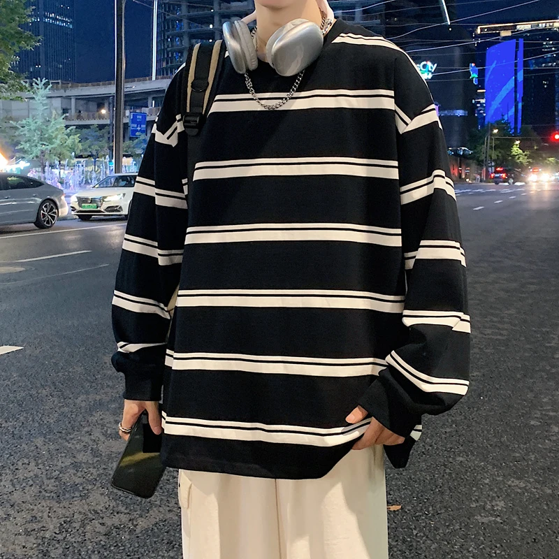 条纹秋季男装慵懒感纯棉港风圆领长袖T恤潮流青少年休闲美式卫衣