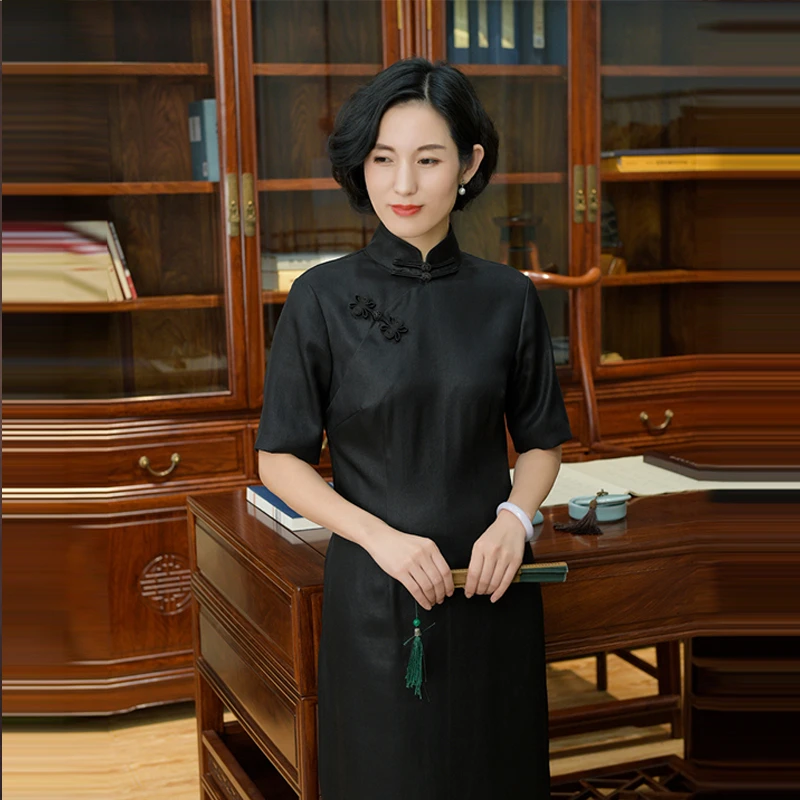 【京华苏艺】私人订制手缝古法香云纱双面重缎桑蚕丝改良旗袍-68414