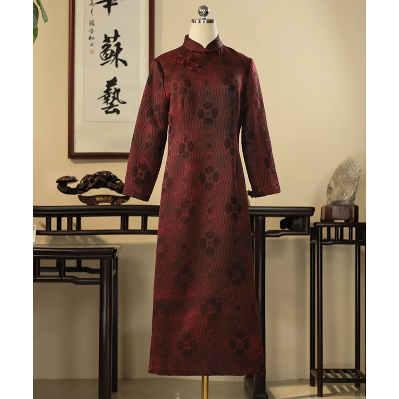 高定私定中式手工盘扣丝毛金丝长款长袖旗袍-68526