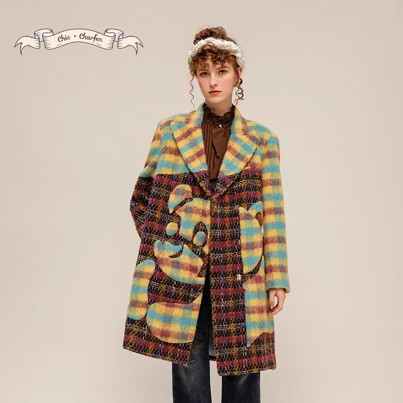 朝峰冬季复古双格异色拼接毛呢大衣CFD5D501-5001A