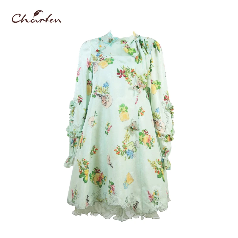 CHARFEN朝峰秋冬款气质印花小清新蝴蝶装饰连衣裙女CFC5G139-153G