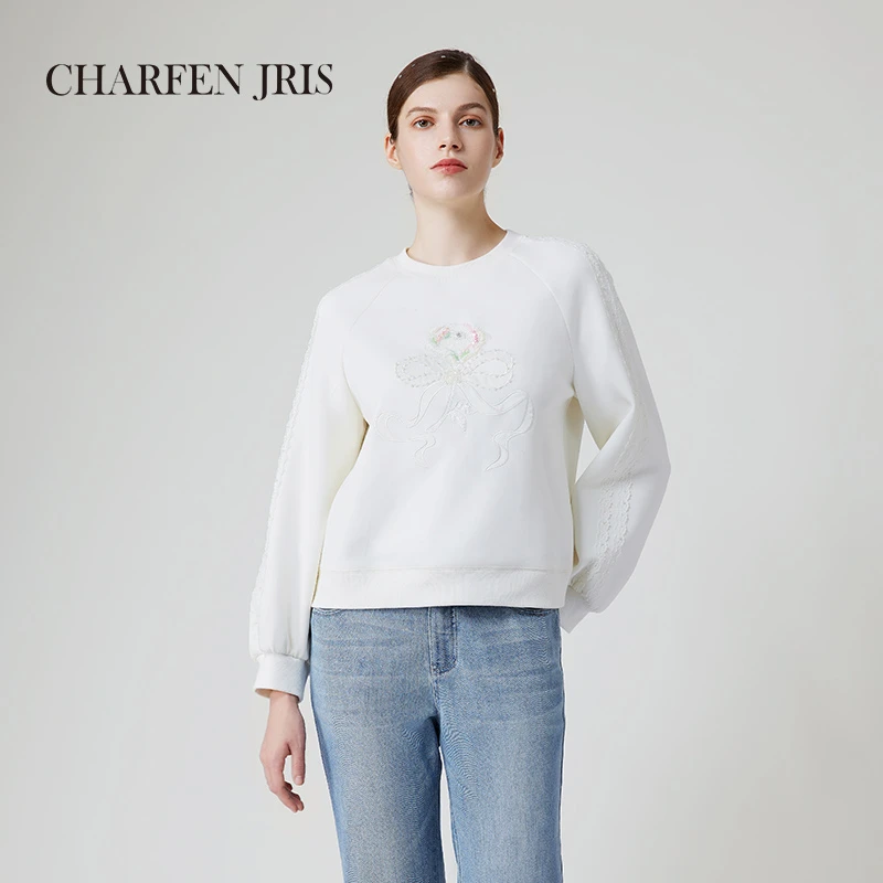 CHARFEN朝峰秋季新款精致休闲米白绣花宽松卫衣FJE3B621-6031B