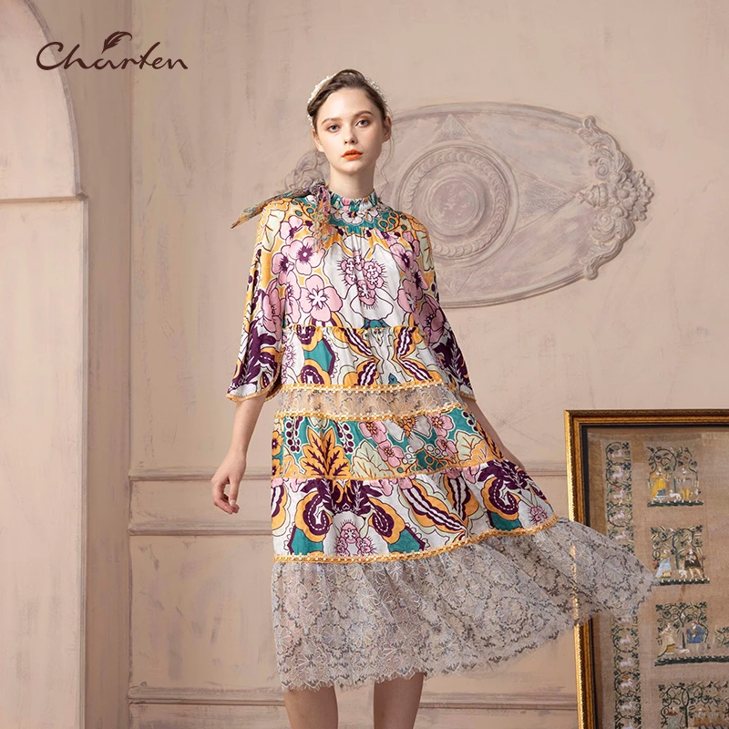 CHARFEN朝峰春季古典优雅印花蕾丝拼接中袖连衣裙CFD1C021-0032G