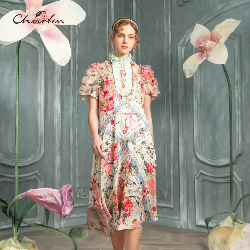 【媛媛专享】朝峰碎花中长款连衣裙女CFC2G030-059G长裙气质