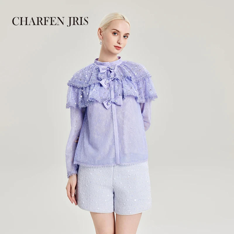CHARFEN朝峰秋季新款法式国风感荷叶蕾丝衬衣FJE3A605-6008T
