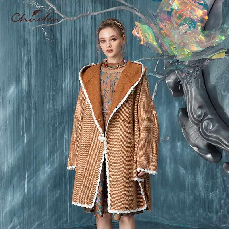 CHARFEN朝峰秋冬季复古斗篷型双面呢大衣连帽外套CFC5D308-309A