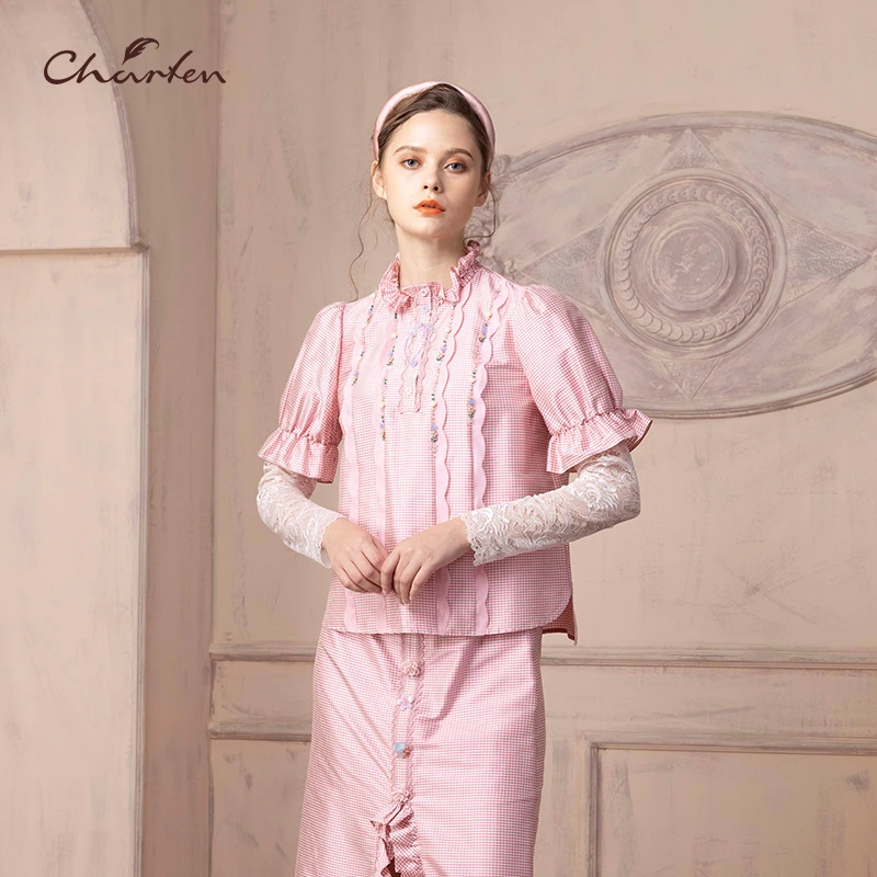 CHARFEN朝峰春季花型领拼接蕾丝袖长袖衬衣女CFD1C323-3065T