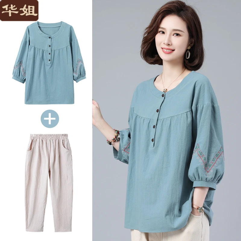 妈妈纯棉长袖t恤新款洋气中老年人女夏装套装大码中年七分袖上衣