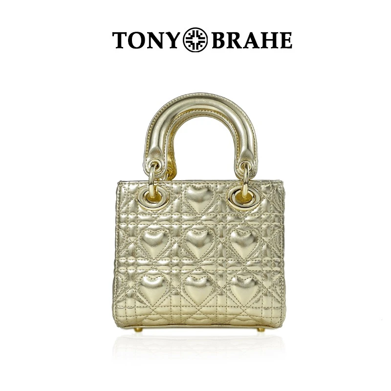 『爱心包』香槟金高级感轻奢菱格绣线手提斜挎包