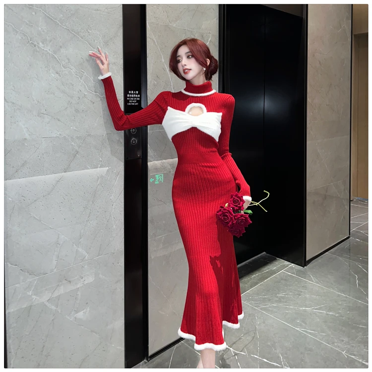 性感名媛红色针织裙女气质长袖高领针织打底毛衣裙长款开叉包臀裙