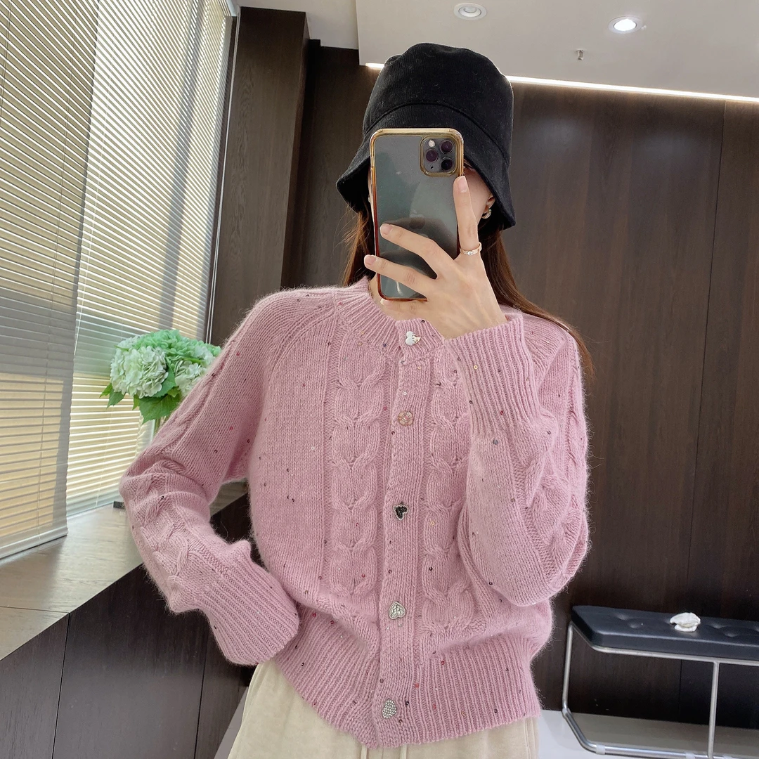 IMFLY金小金自制 针织开衫DYW7966爱心扣毛衣女秋冬季亮片短外套