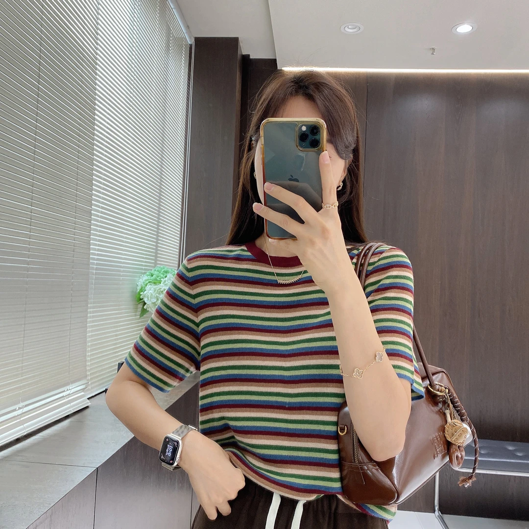 IMFLY金小金自制 绵羊毛衫DYW7535彩虹拼条针织衫女秋季短袖内搭