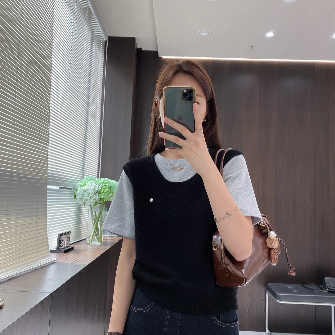 IMFLY金小金自制 假两件针织衫DYW7321拼接T恤女秋季圆领短袖上衣