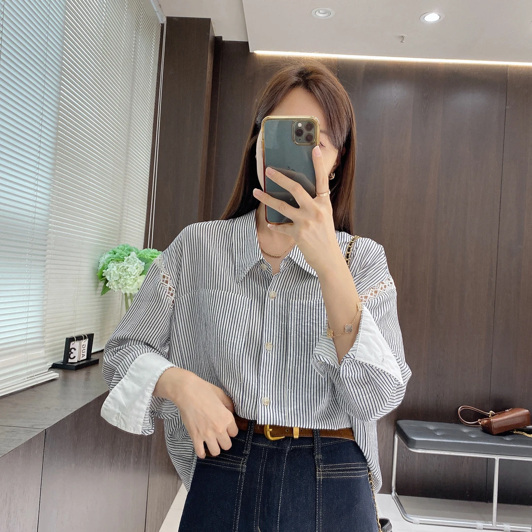 IMFLY金小金自制 衬衫DYW7263条纹衬衣女士秋季宽松蕾丝镂空上衣