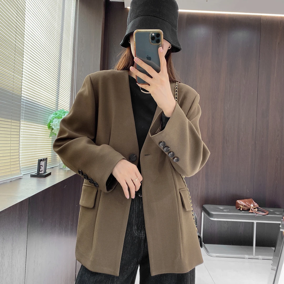 IMFLY金小金自制西装DYW7207气质V领西装外套秋季休闲上衣时尚