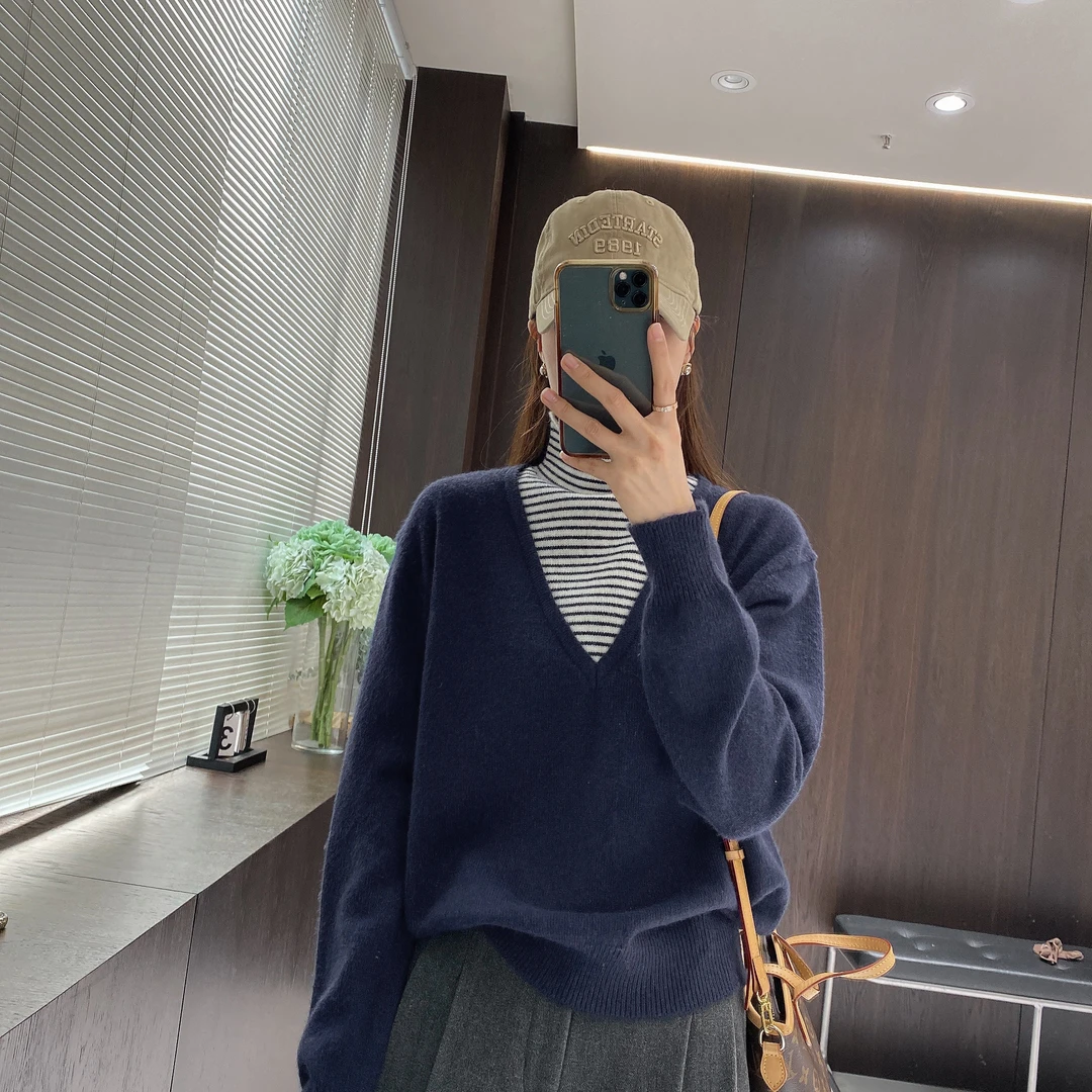 IMFLY金小金自制 假两件针织衫DYW8198时髦条纹高领拼接毛衣女冬