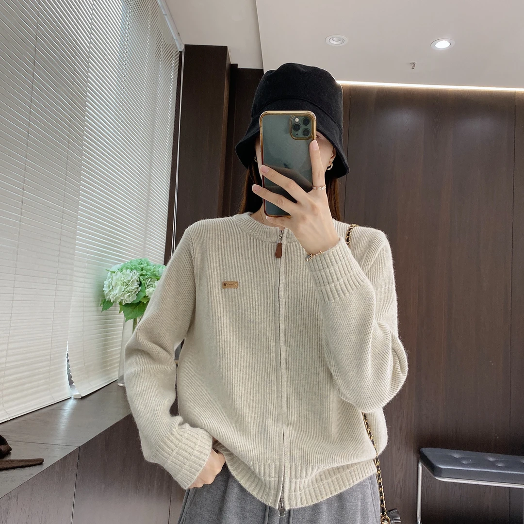 IMFLY金小金自制 针织开衫DYW7877双拉链毛衣女秋冬季圆领短外套