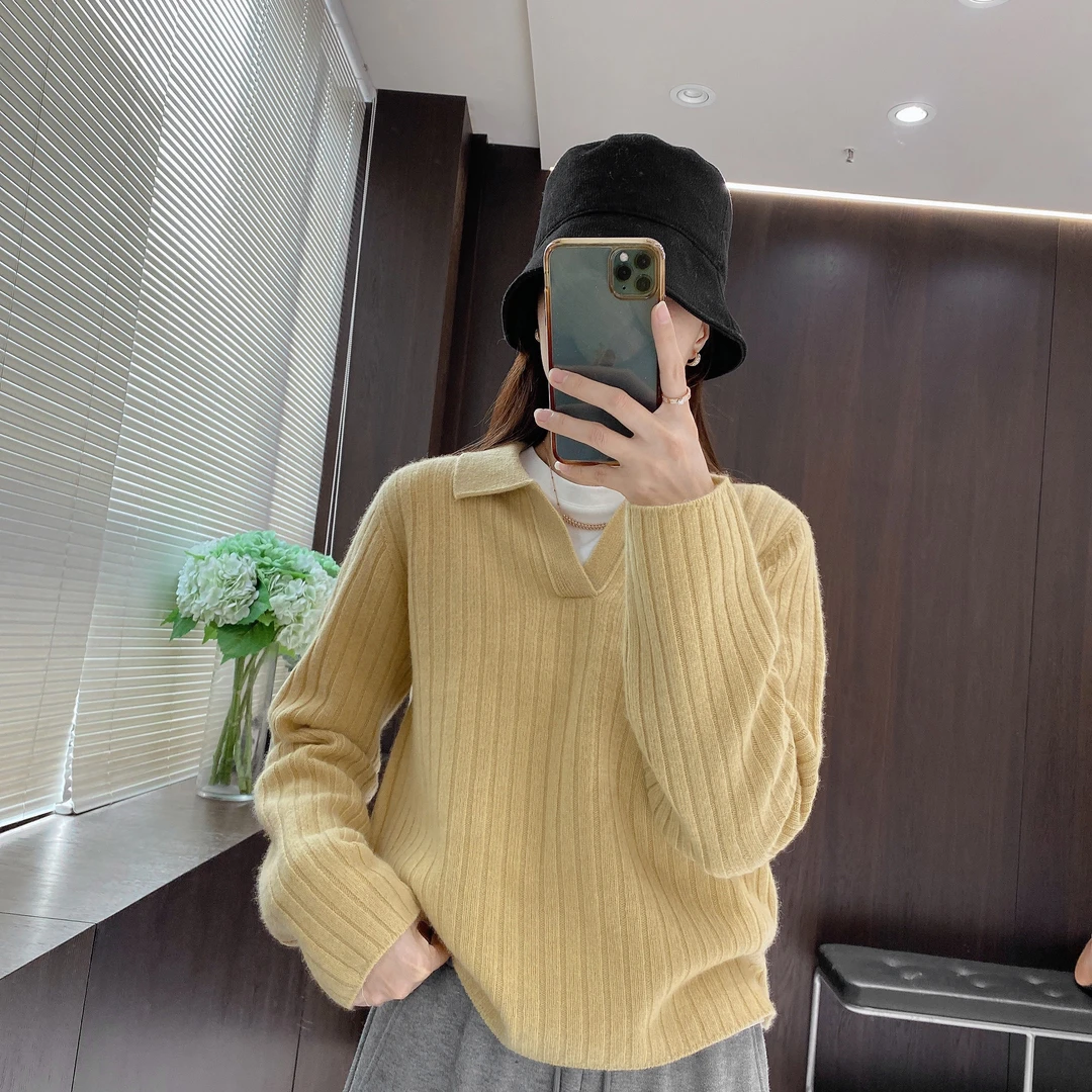 IMFLY金小金自制 绵羊毛衫DYW7911翻领坑条毛衣针织衫女冬装上新