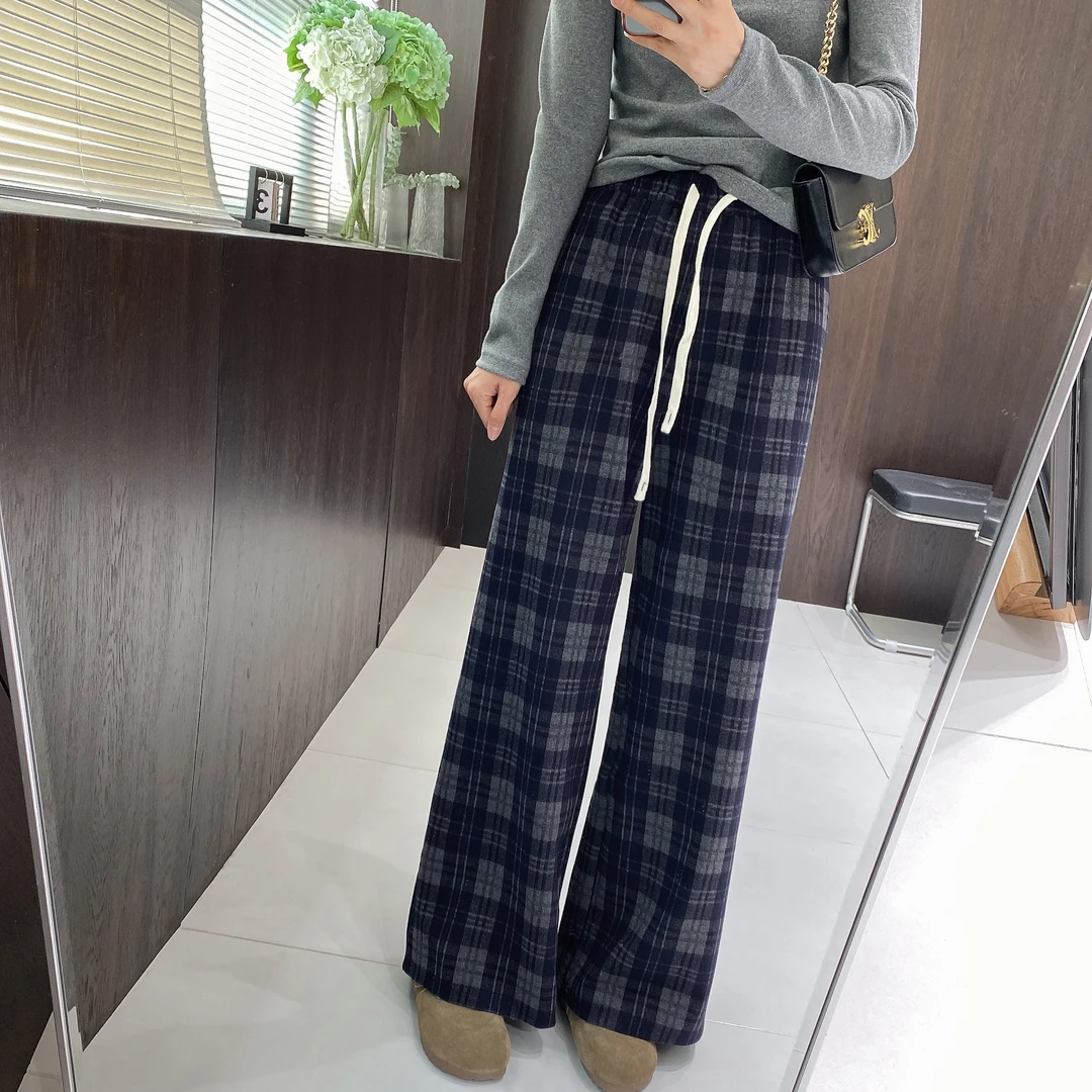 IMFLY金小金自制 休闲裤DYK2239格子阔腿裤女秋冬季宽松直筒长裤