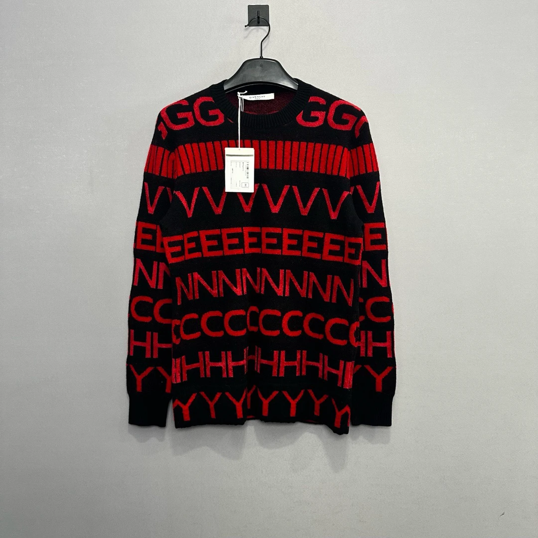 givenchy/纪梵希黑红色满印时尚休闲毛衣/M码/全新原牌/公价9900