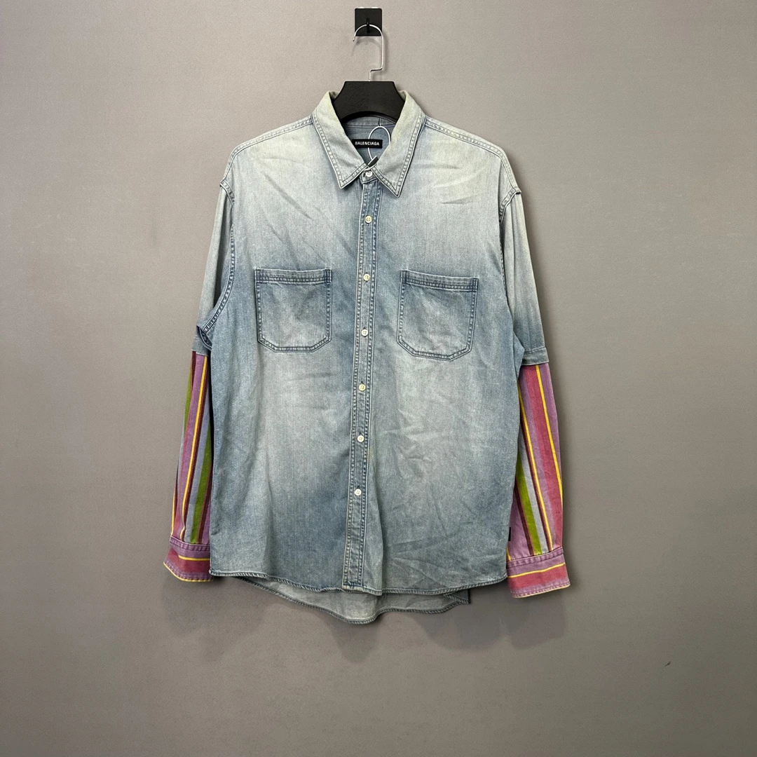 Balenciaga/巴黎世家秀款彩虹拼袖水洗牛仔衬衫39码/99新公价6800