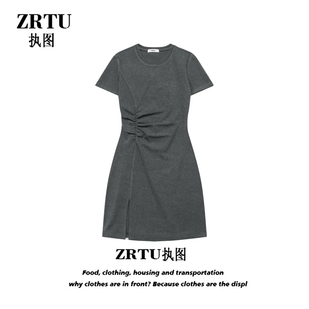 ZRTU 2025爆款夏天修身设计感简约百搭短袖连衣裙A字长裙