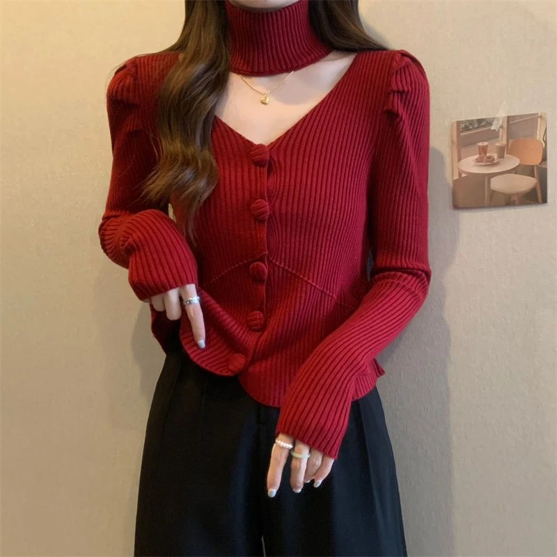 V领挂脖针织打底衫女春秋内搭短款毛衣高级感过年安哥拉红色上衣