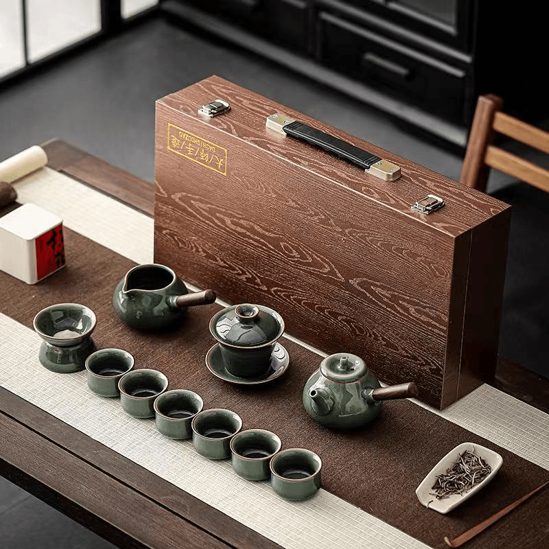 高档蜜色釉茶具复古家用青瓷礼盒装轻奢简约中式冰裂纹