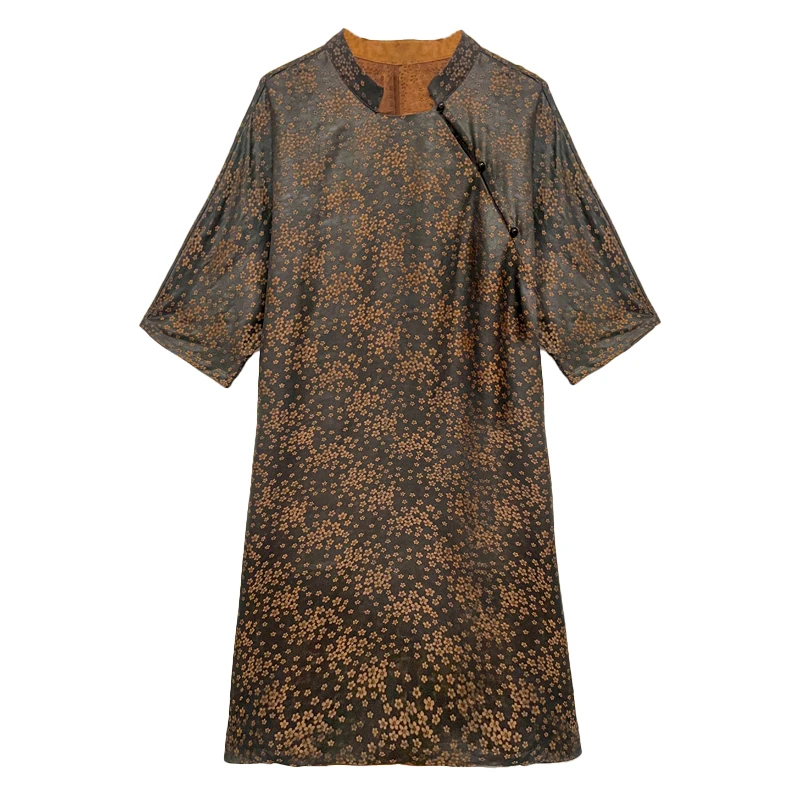 高定【100%桑蚕丝花罗二大衫连衣裙】香云纱短袖中式立领侧襟dz119