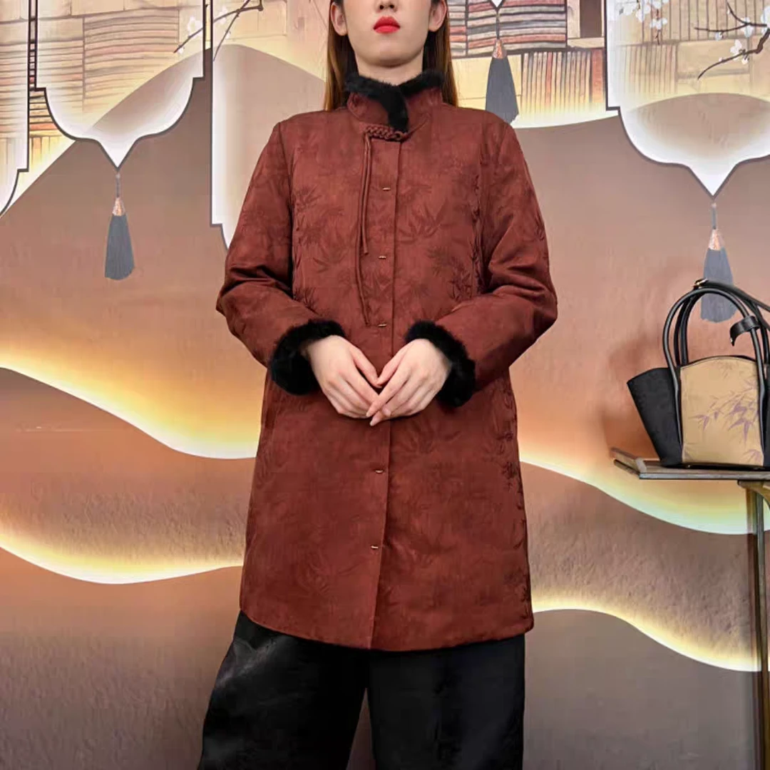 【水貂领中长鹅绒服】红云纱鹅服立领一手长外套轻暖上衣tt7110